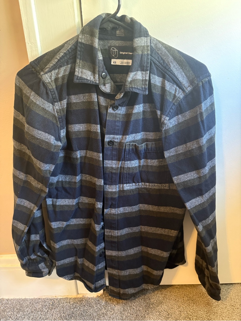 Original Use Navy, Green and Gray Striped Plaid Button-Down Shirt